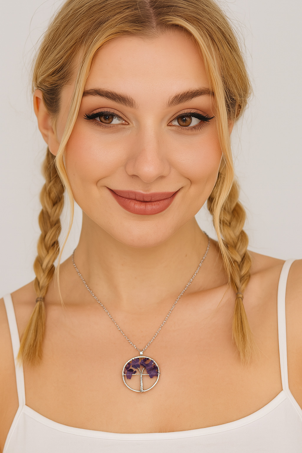 CIONDOLO AMETISTA COLLANA COMPLETA DI CIONDOLO CON ALBERO DELLA VITA E CATENINA IN ACCIAIO