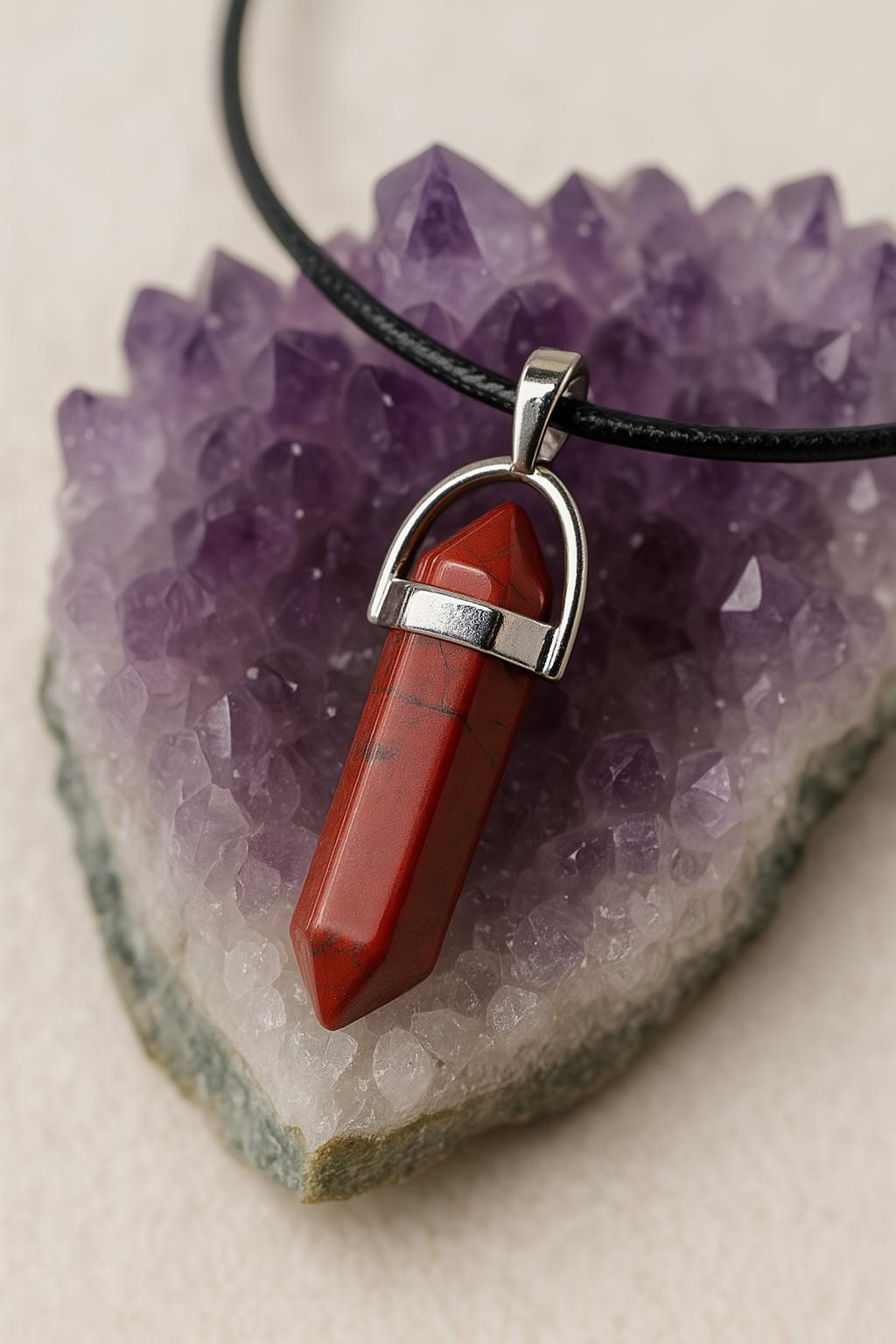 Ciondolo esagonale diaspro rosso naturale, laccio cerato, h 4,5 cm (collana completa) PENDENTE ESAGONALE DIASPRO ROSSO