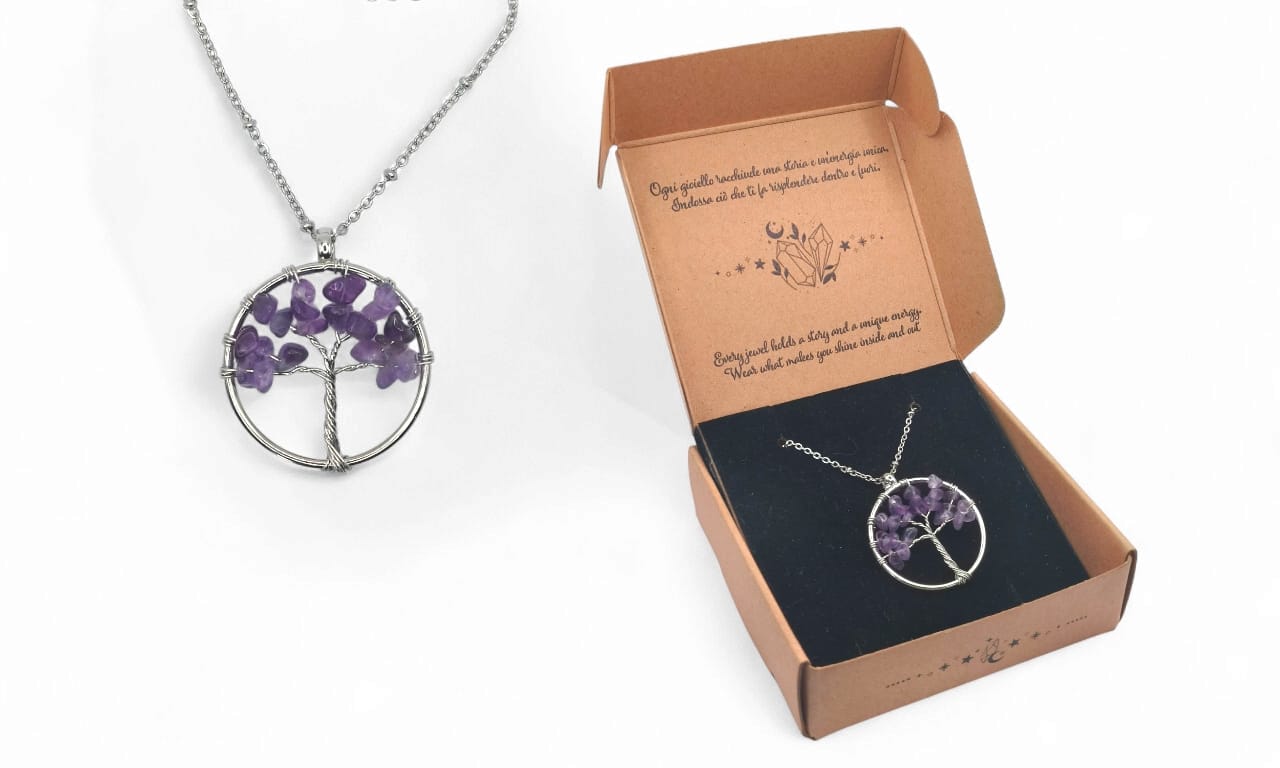 Collana con ciondolo Albero della vita con ametista in metallo COLLANA un ciondolo albero della vita-ametista- vendita all'ingrosso