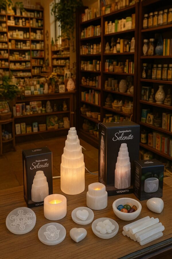 Porta candela e lampade in selenite con scatola