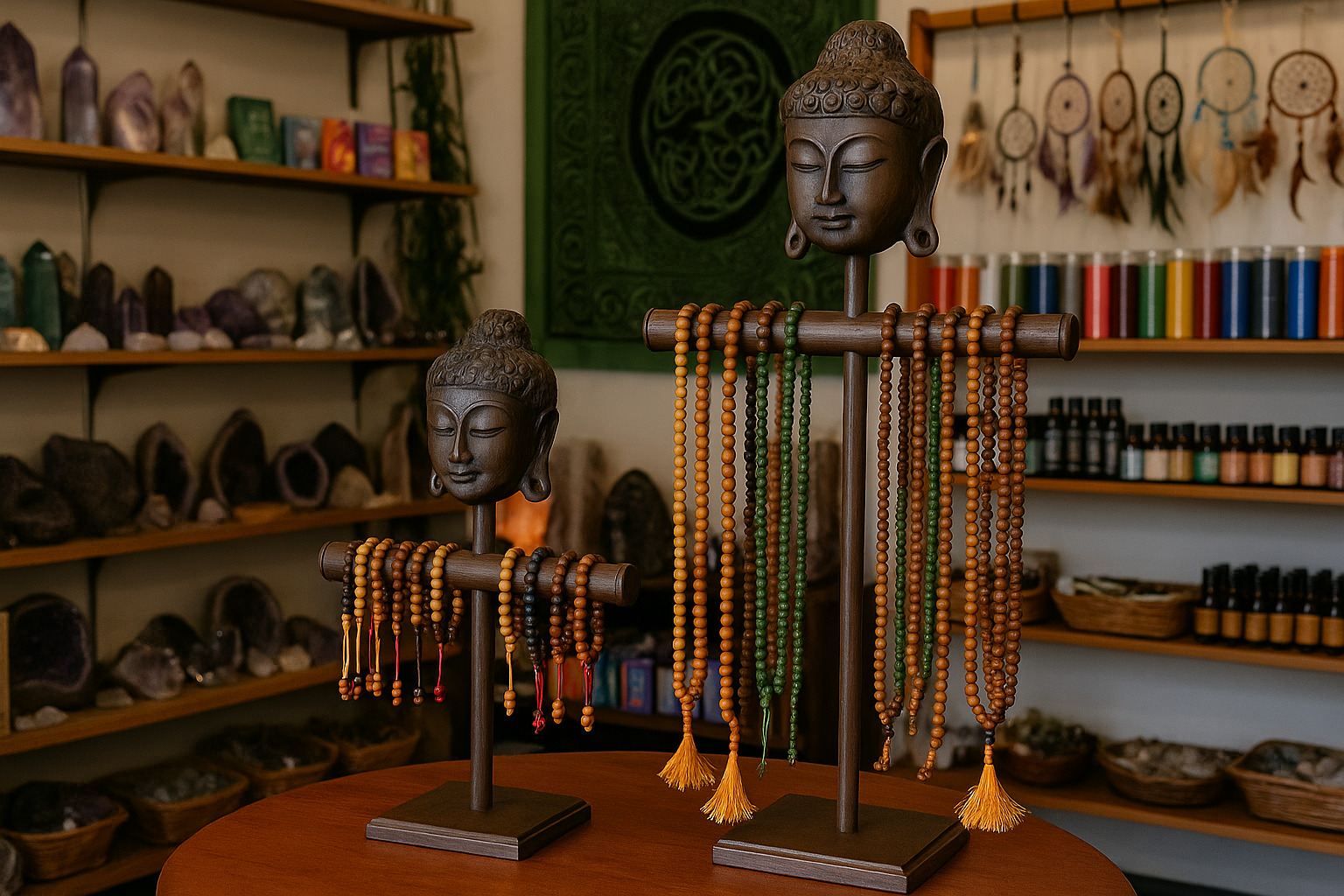 Espositore mala tibetani con 20 collane Jamala in legno e semi espositore per mala tibetani all'ingrosso